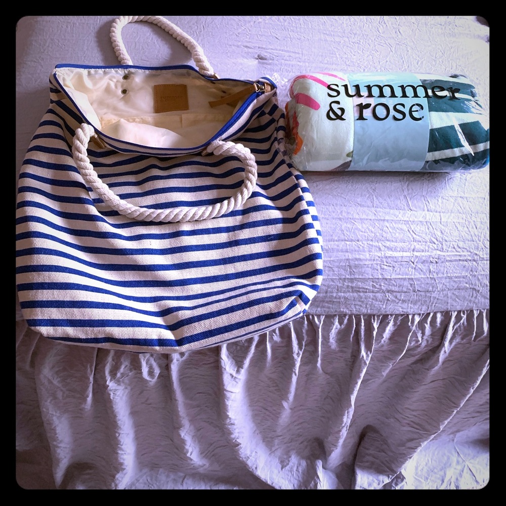 Summer and Rose striped beach bag w/beach towel.